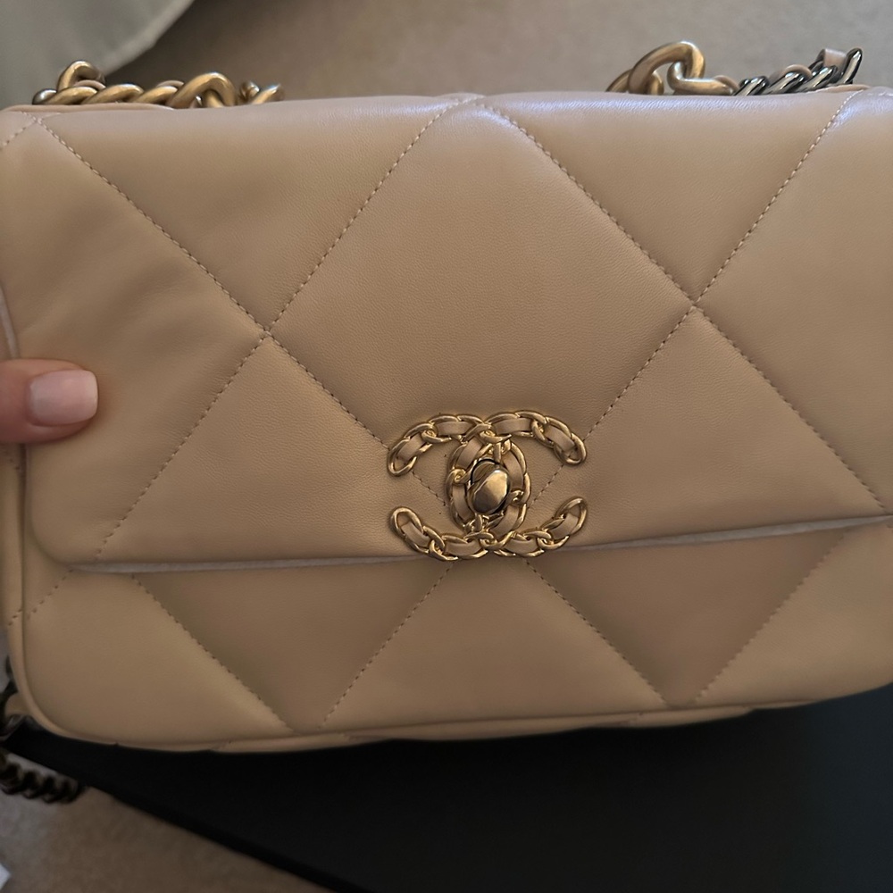 Chanel lambskin quilted medium 19 flap bag in beige